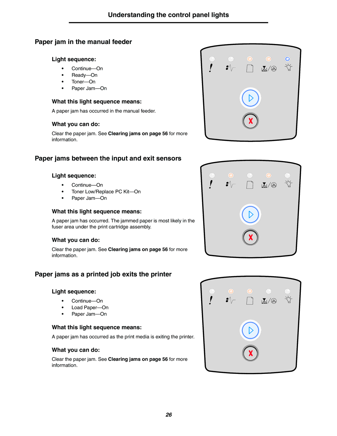 Lexmark 250dn manual Paper jams between the input and exit sensors, Paper jams as a printed job exits the printer 