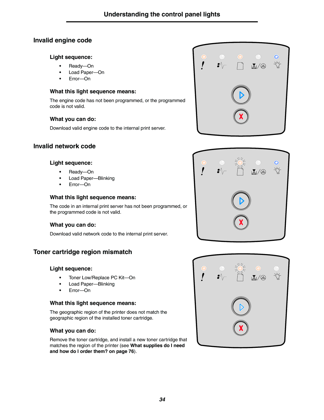 Lexmark 250dn manual Understanding the control panel lights Invalid engine code, Invalid network code 