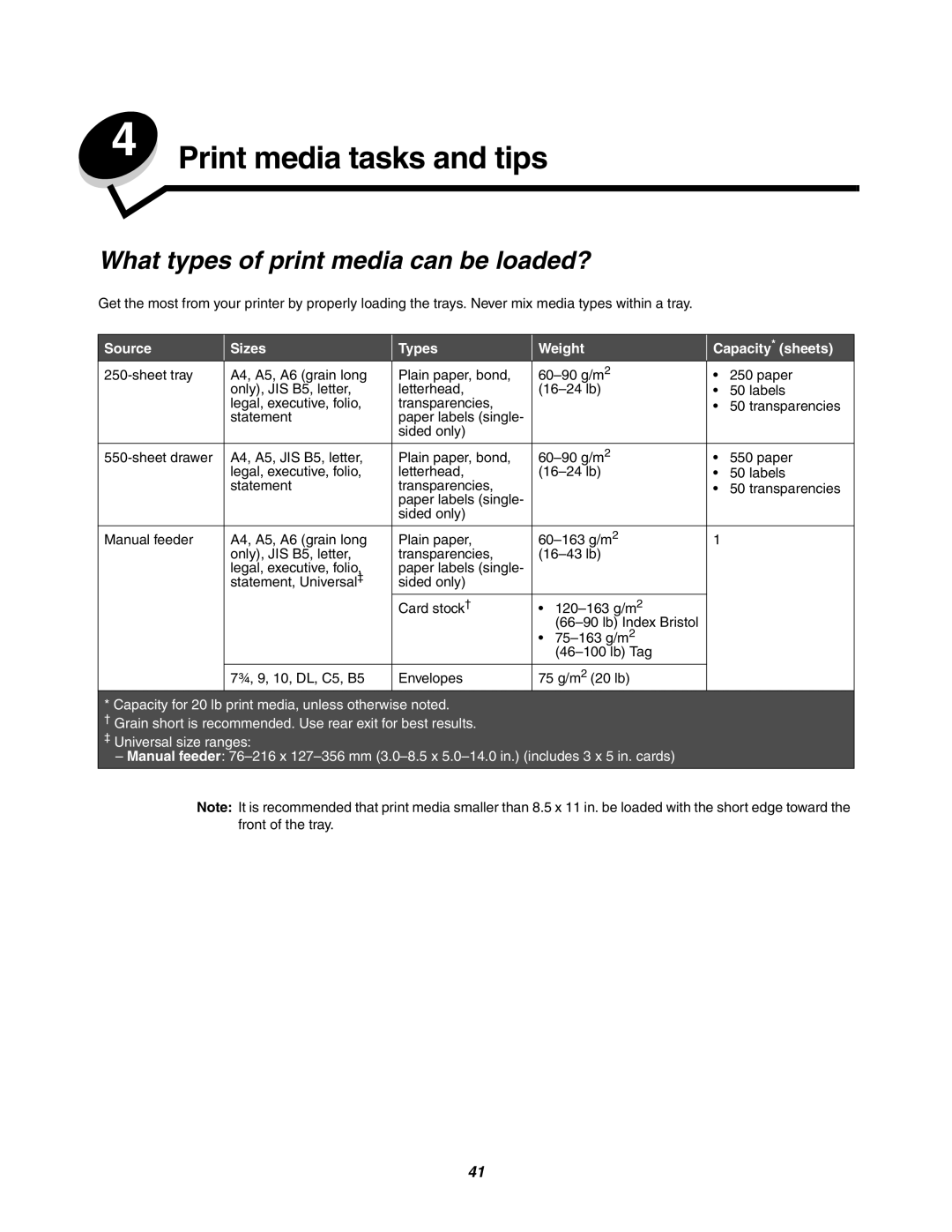 Lexmark 250dn manual Print media tasks and tips, What types of print media can be loaded? 