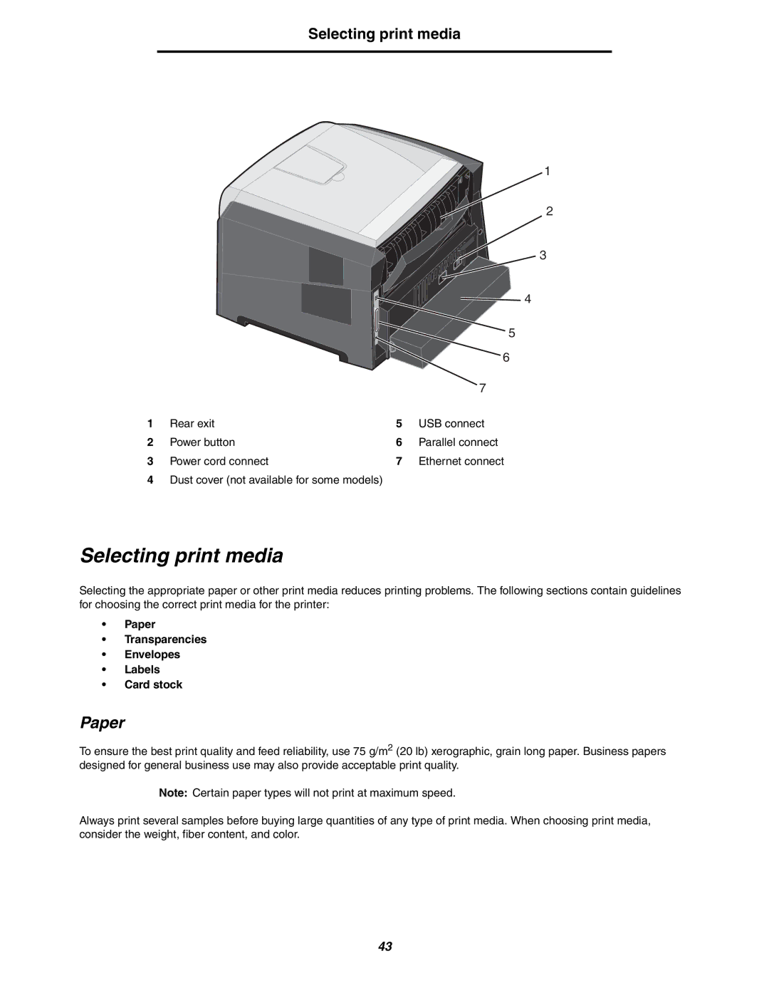 Lexmark 250dn manual Selecting print media, Paper Transparencies Envelopes Labels Card stock 