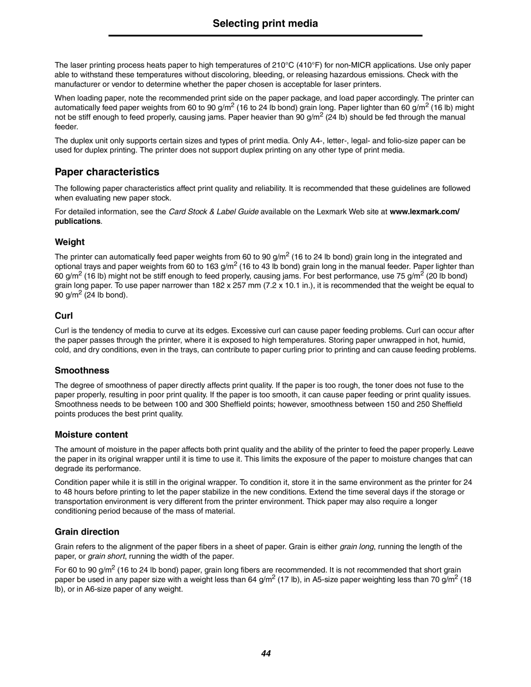 Lexmark 250dn manual Paper characteristics, Weight 