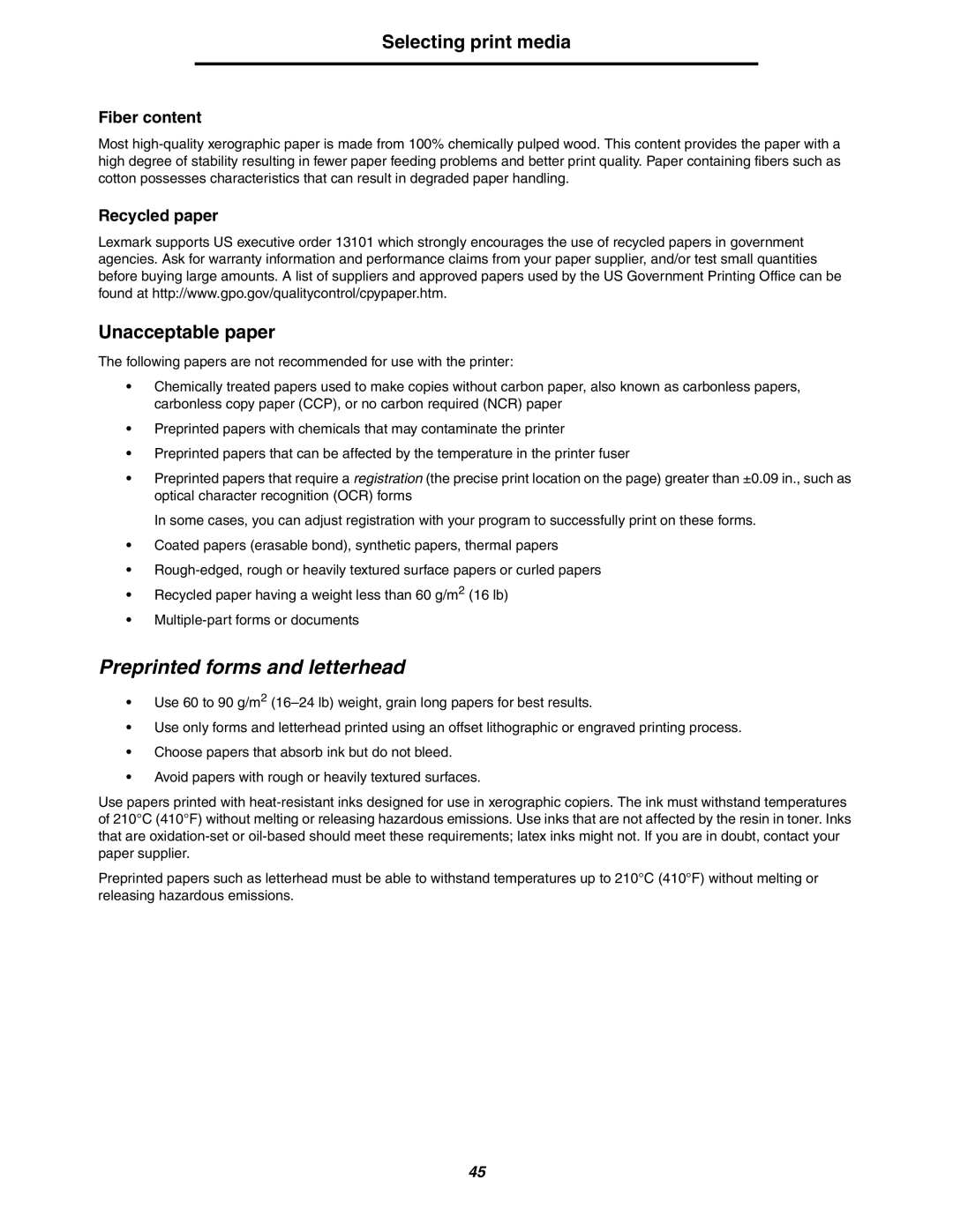 Lexmark 250dn manual Preprinted forms and letterhead, Unacceptable paper 