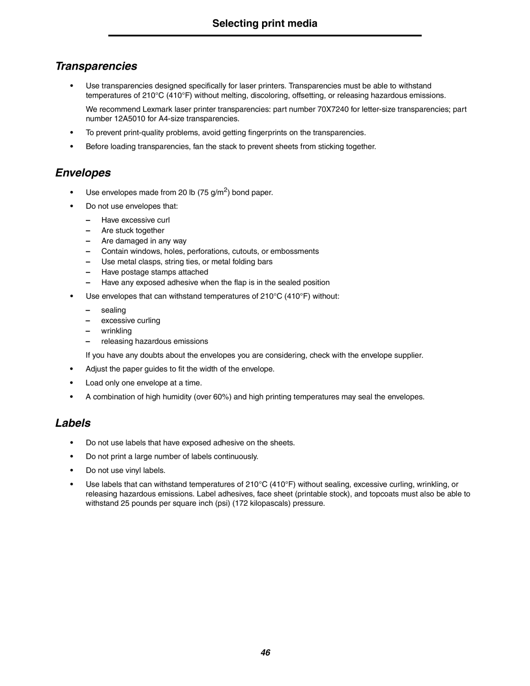 Lexmark 250dn manual Transparencies, Envelopes, Labels 