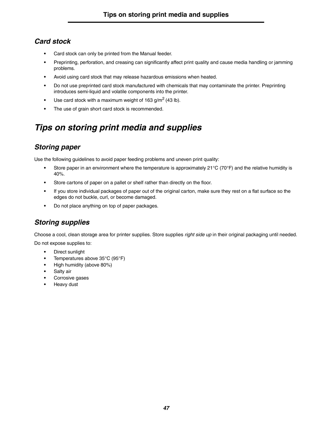 Lexmark 250dn manual Tips on storing print media and supplies, Card stock, Storing paper, Storing supplies 