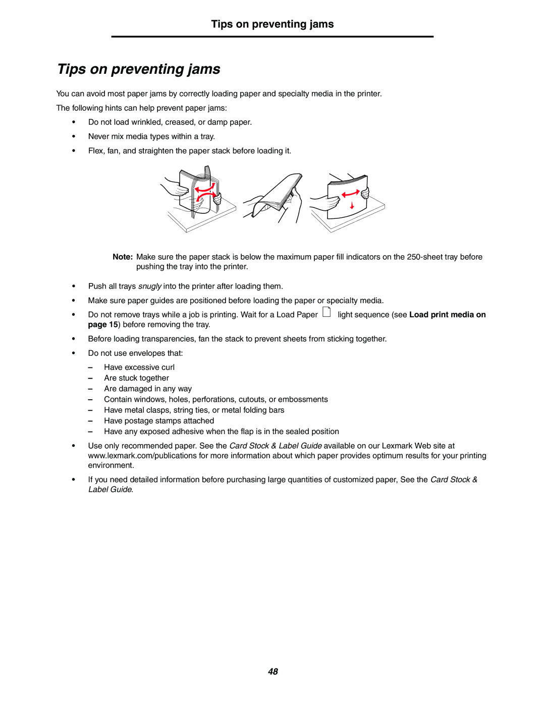 Lexmark 250dn manual Tips on preventing jams 