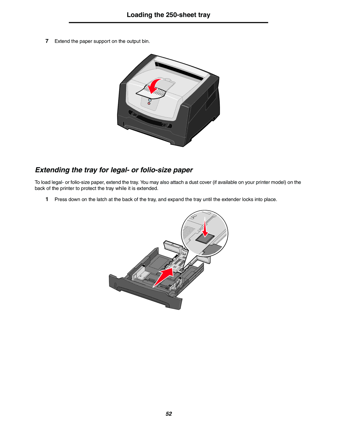 Lexmark 250dn manual Extending the tray for legal- or folio-size paper 