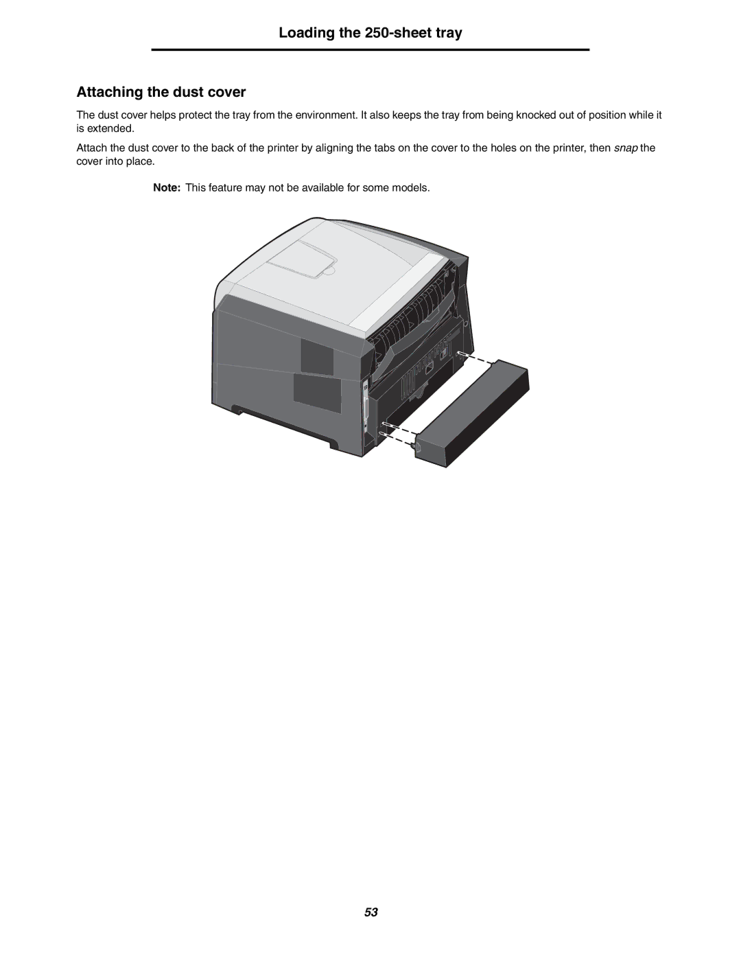 Lexmark 250dn manual Loading the 250-sheet tray Attaching the dust cover 