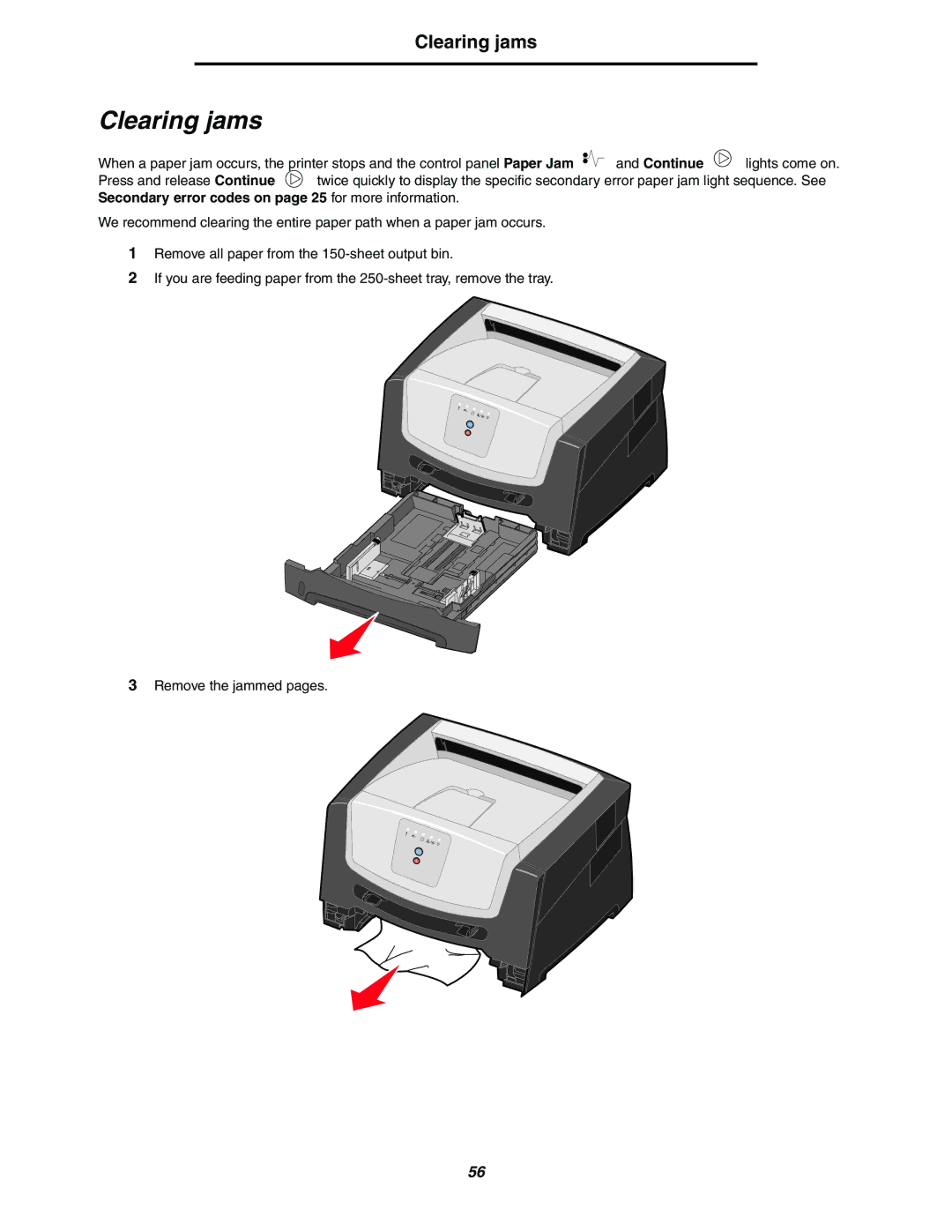 Lexmark 250dn manual Clearing jams, Secondary error codes on page 25 for more information 