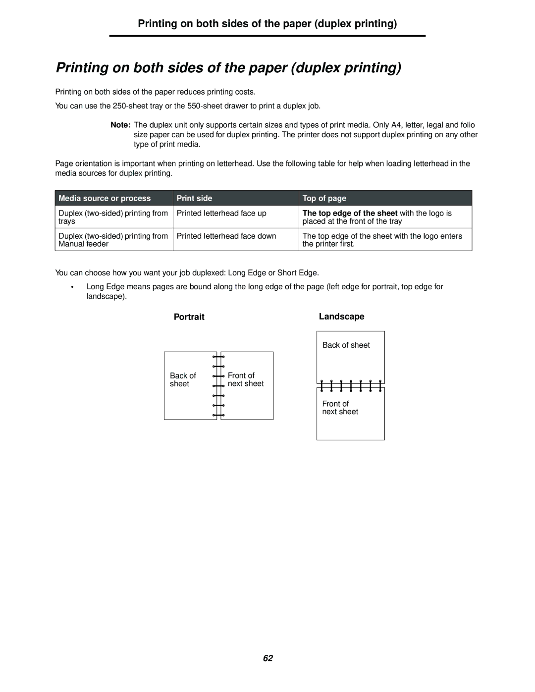 Lexmark 250dn manual Printing on both sides of the paper duplex printing, Portrait, Landscape 