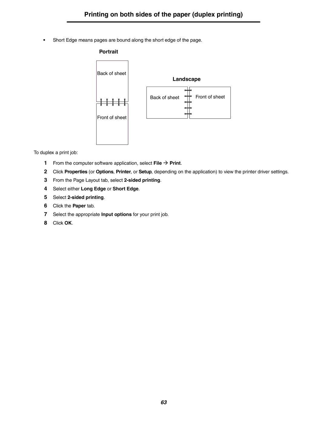 Lexmark 250dn manual Short Edge means pages are bound along the short edge 