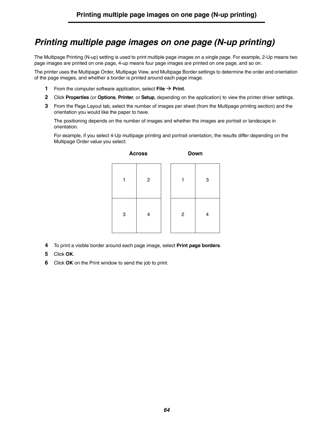 Lexmark 250dn manual Printing multiple page images on one page N-up printing, Across Down 