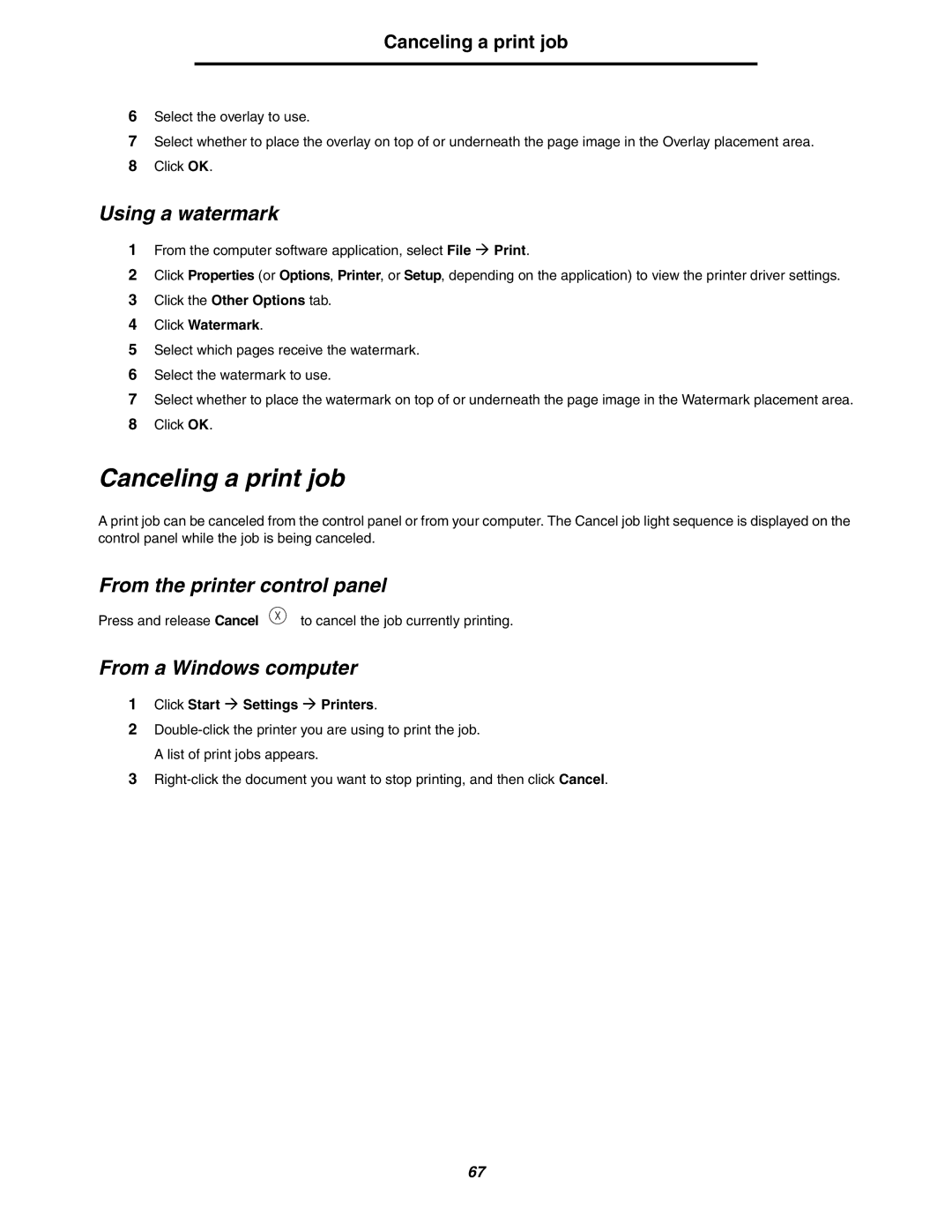 Lexmark 250dn manual Canceling a print job, Using a watermark, From the printer control panel, From a Windows computer 