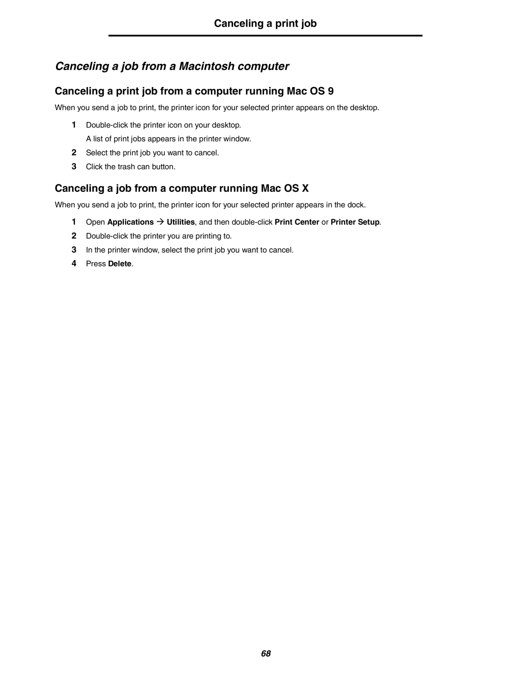 Lexmark 250dn manual Canceling a job from a Macintosh computer, Canceling a print job from a computer running Mac OS 