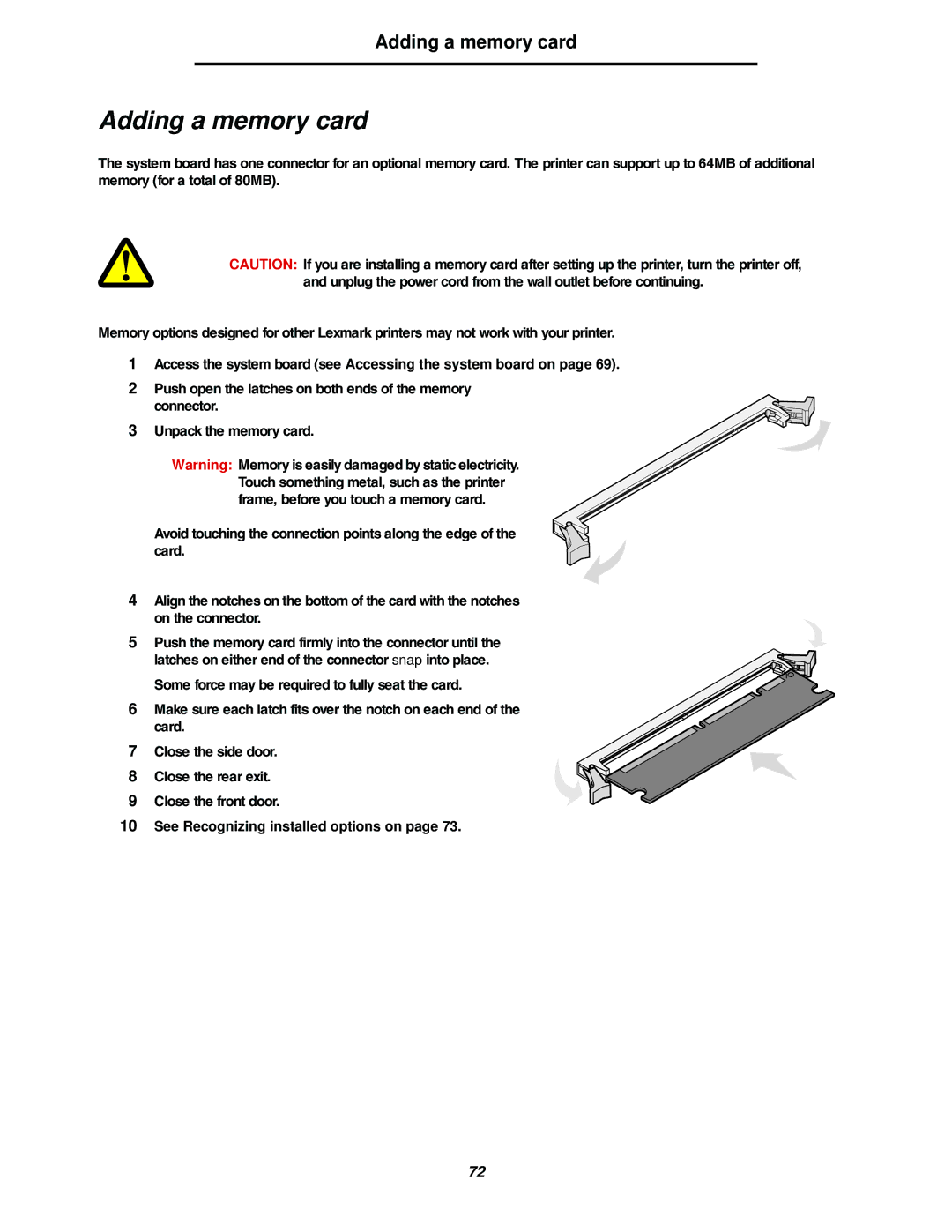 Lexmark 250dn manual Adding a memory card, Access the system board see Accessing the system board on 