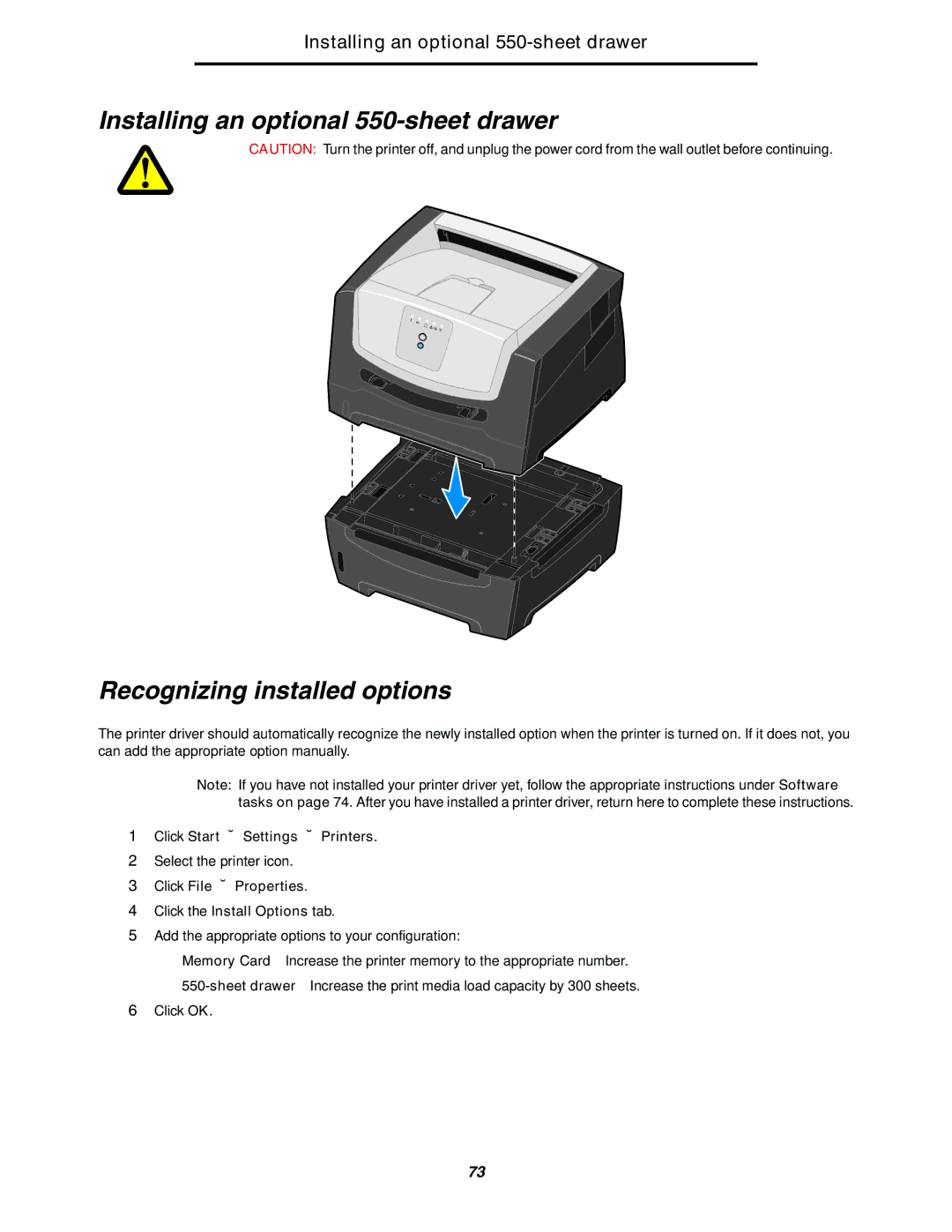 Lexmark 250dn manual Installing an optional 550-sheet drawer, Click File Æ Properties Click the Install Options tab 