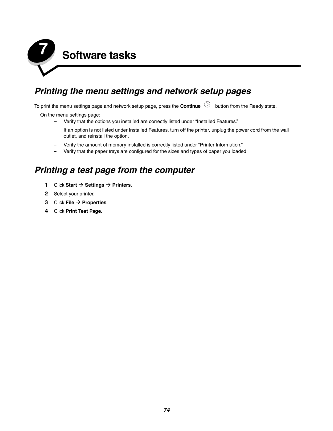 Lexmark 250dn Software tasks, Printing the menu settings and network setup pages, Printing a test page from the computer 