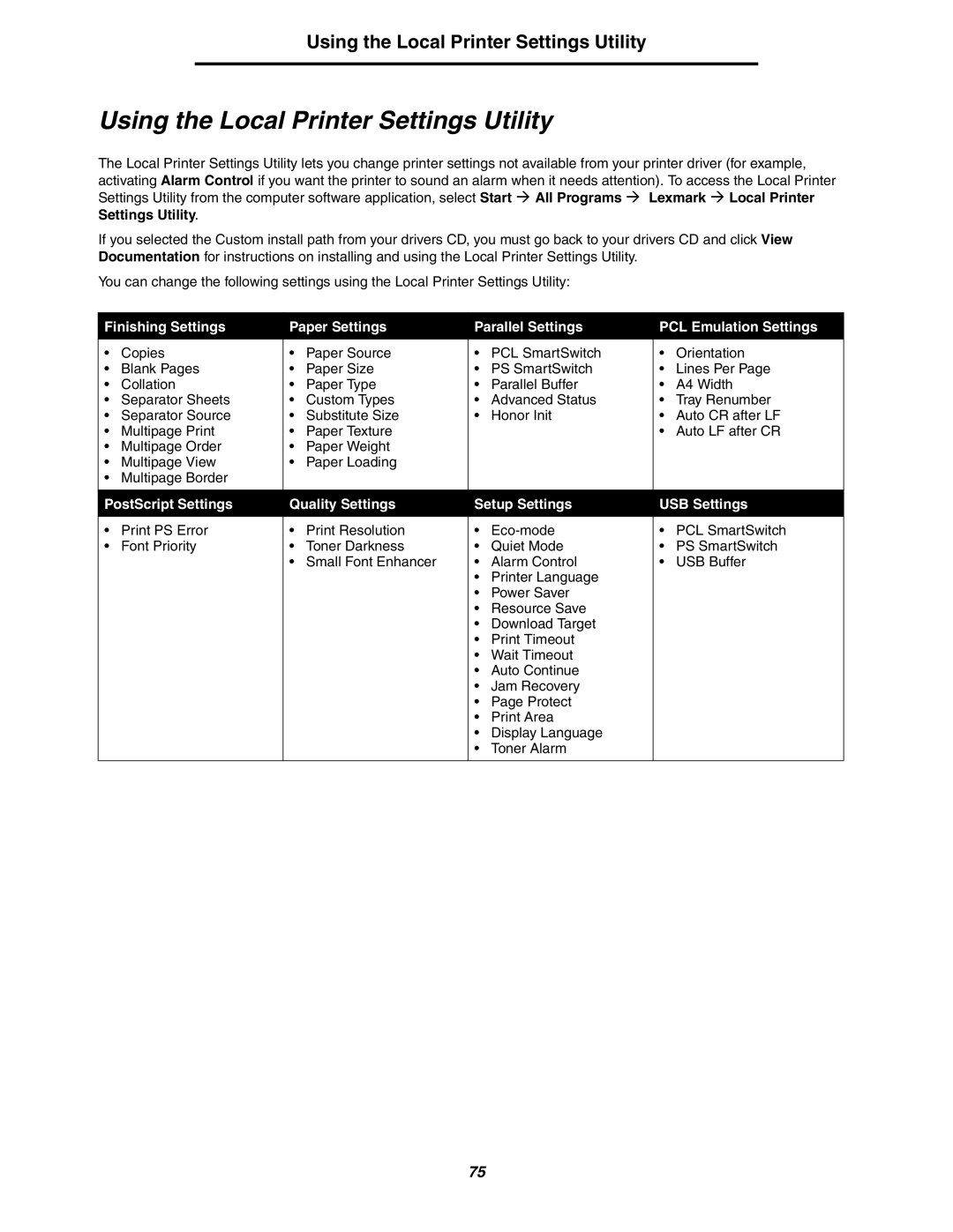 Lexmark 250dn manual Using the Local Printer Settings Utility 