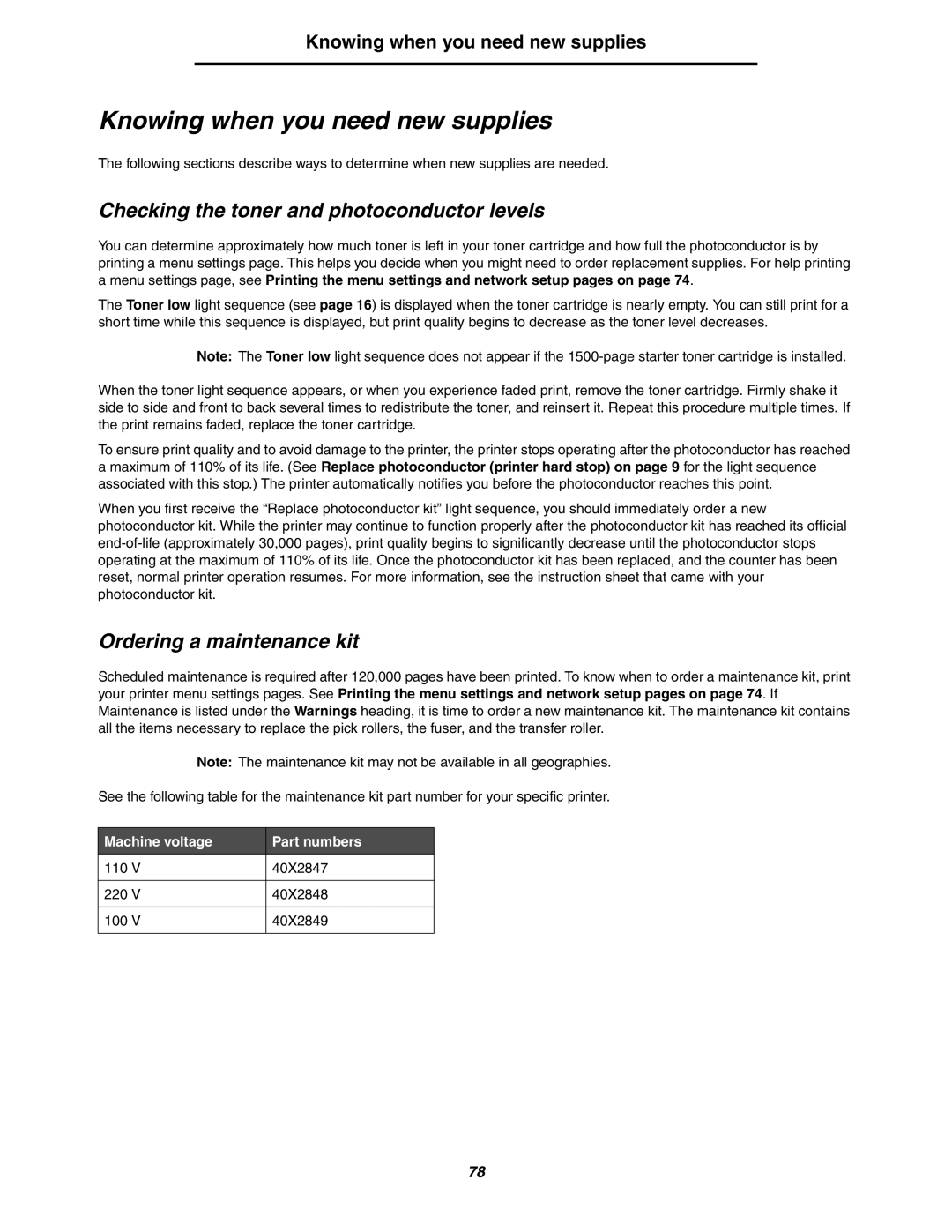 Lexmark 250dn Knowing when you need new supplies, Checking the toner and photoconductor levels, Ordering a maintenance kit 