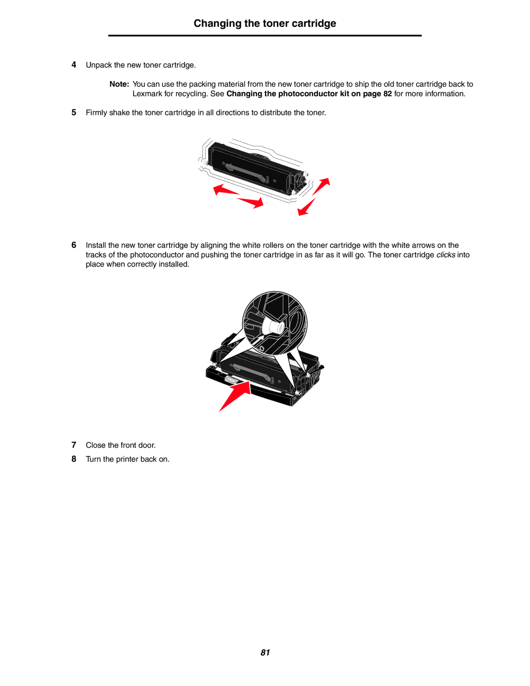 Lexmark 250dn manual Changing the toner cartridge 