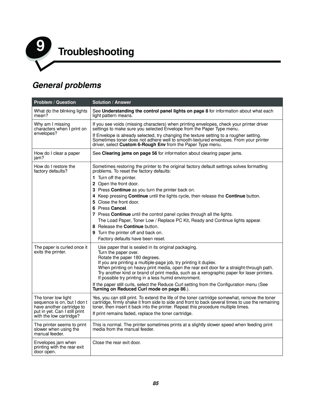 Lexmark 250dn manual Troubleshooting, General problems, Turning on Reduced Curl mode on 