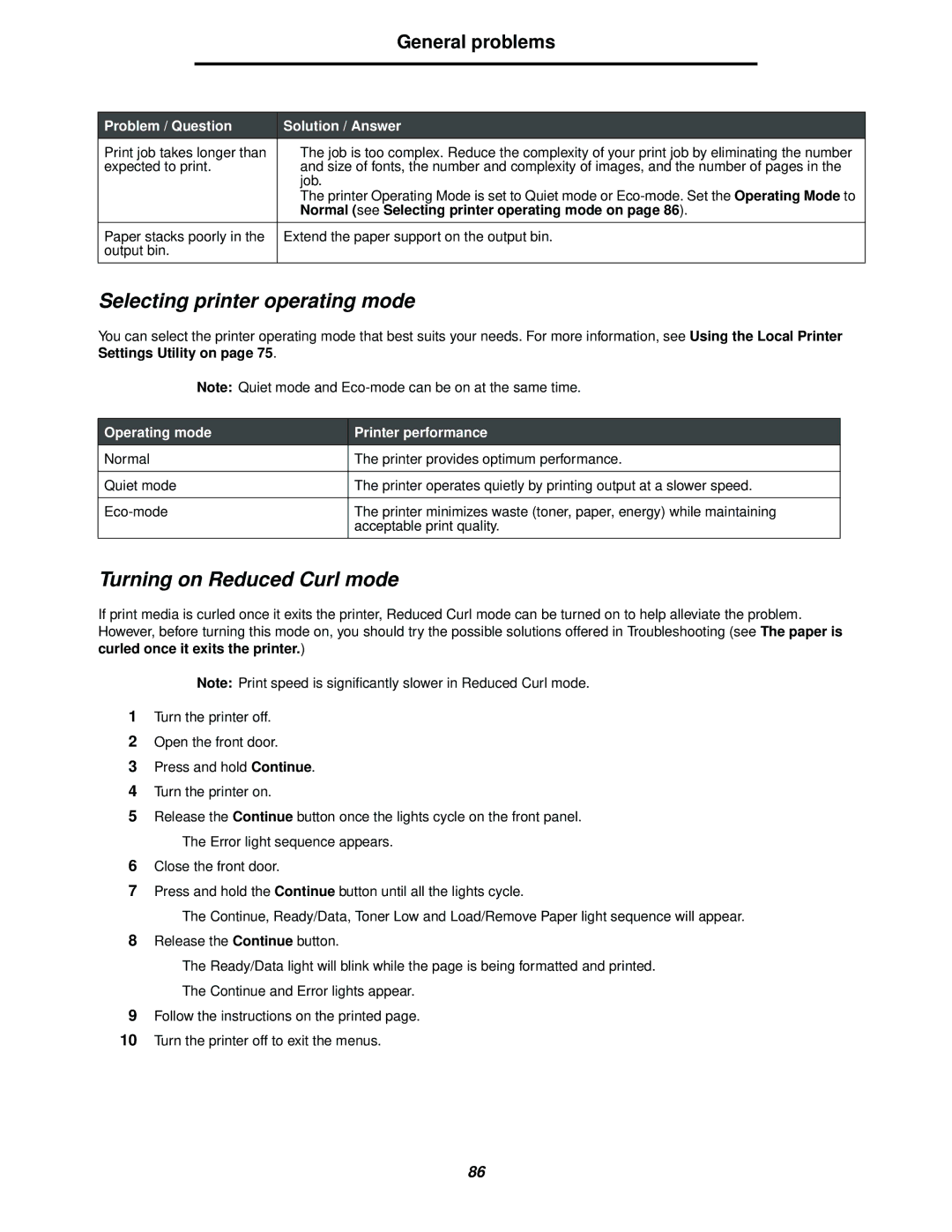 Lexmark 250dn manual Selecting printer operating mode, Turning on Reduced Curl mode, General problems 