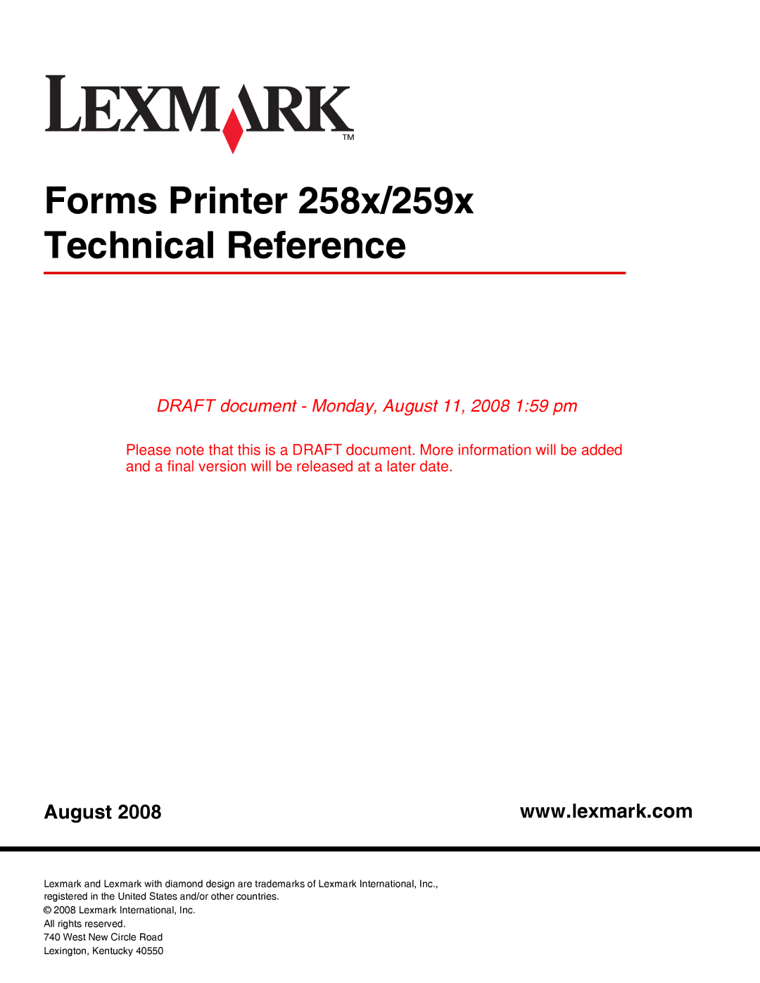 Lexmark manual Forms Printer 258x/259x Technical Reference 