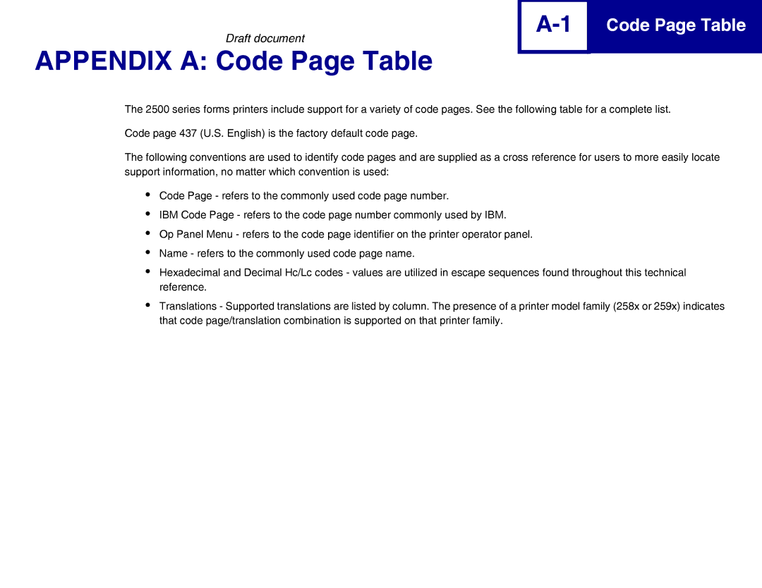 Lexmark 259x, 258x manual Appendix a Code Page Table 