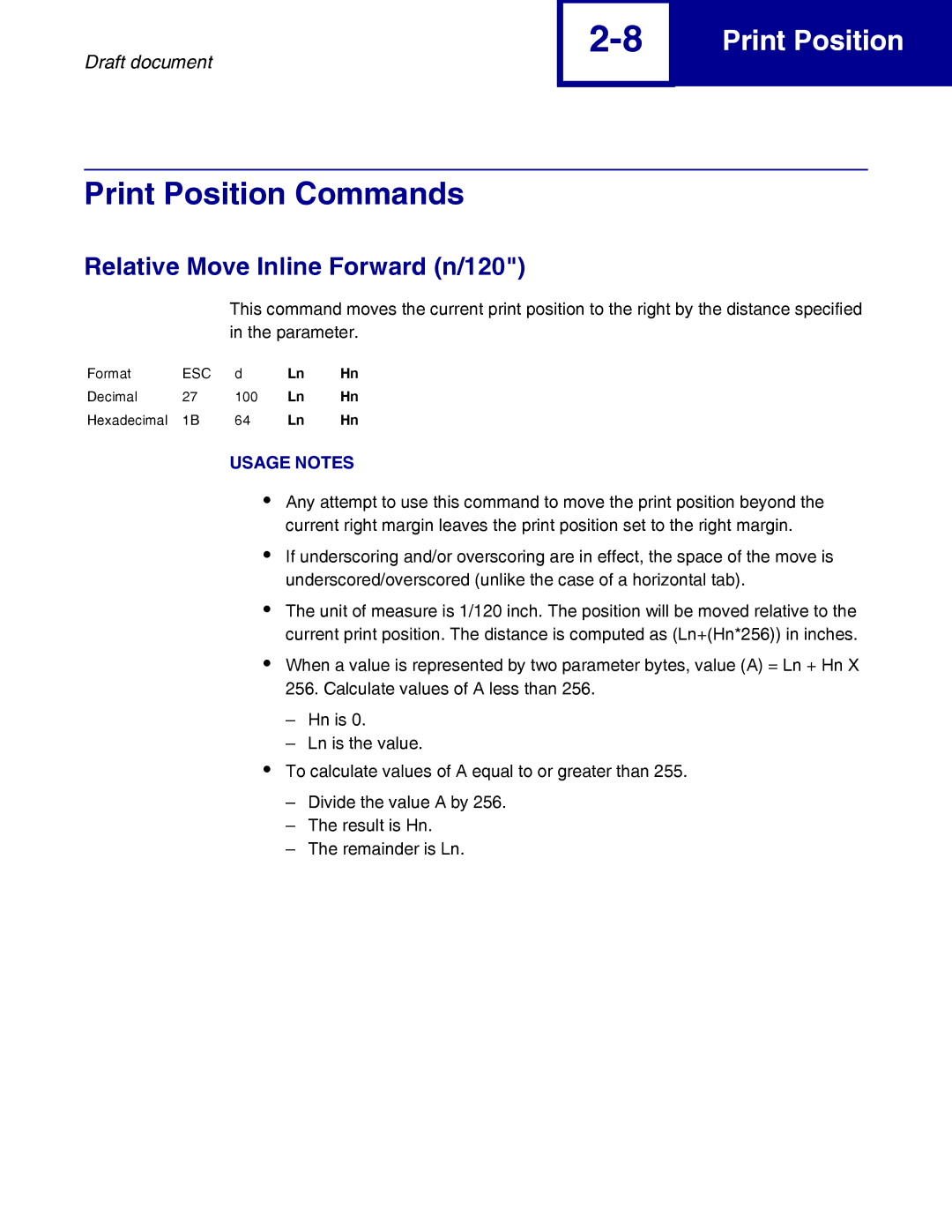 Lexmark 258x, 259x manual Print Position Commands, Relative Move Inline Forward n/120 