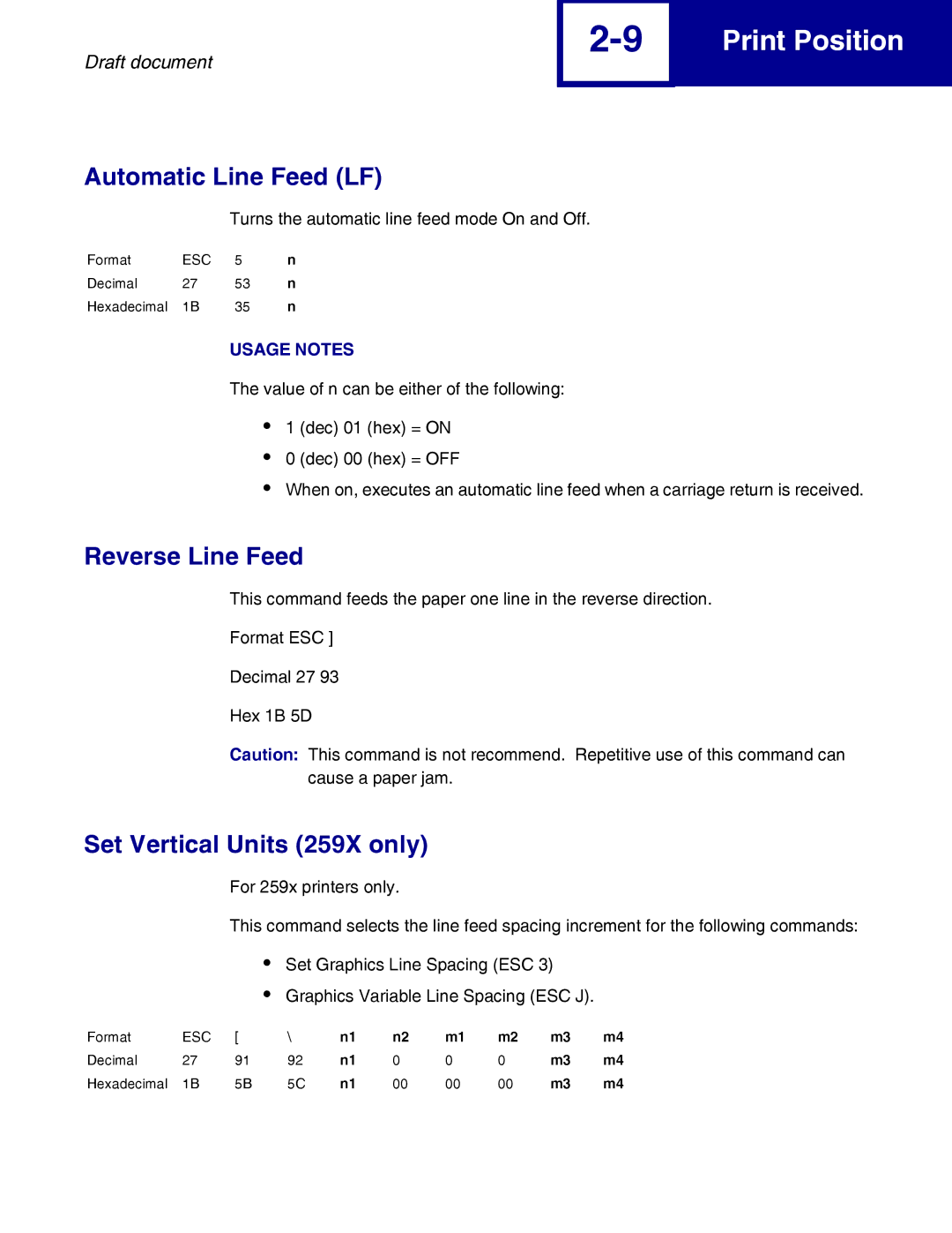 Lexmark 259x, 258x manual Automatic Line Feed LF, Reverse Line Feed, Set Vertical Units 259X only 