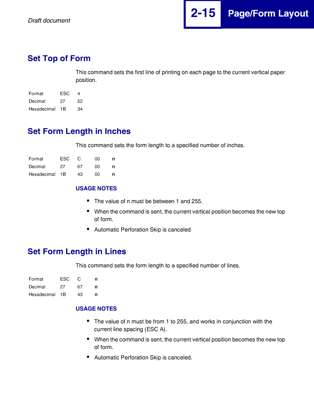 Lexmark 259x, 258x manual Set Top of Form, Set Form Length in Inches, Set Form Length in Lines 