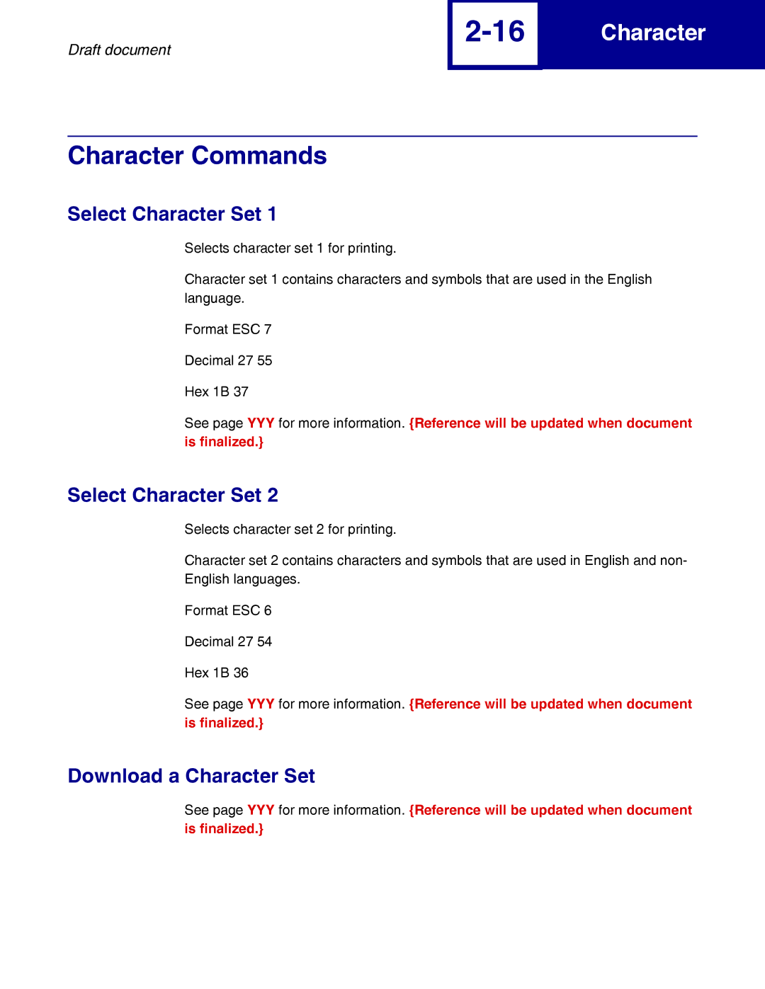 Lexmark 258x, 259x manual Character Commands, Select Character Set, Download a Character Set 