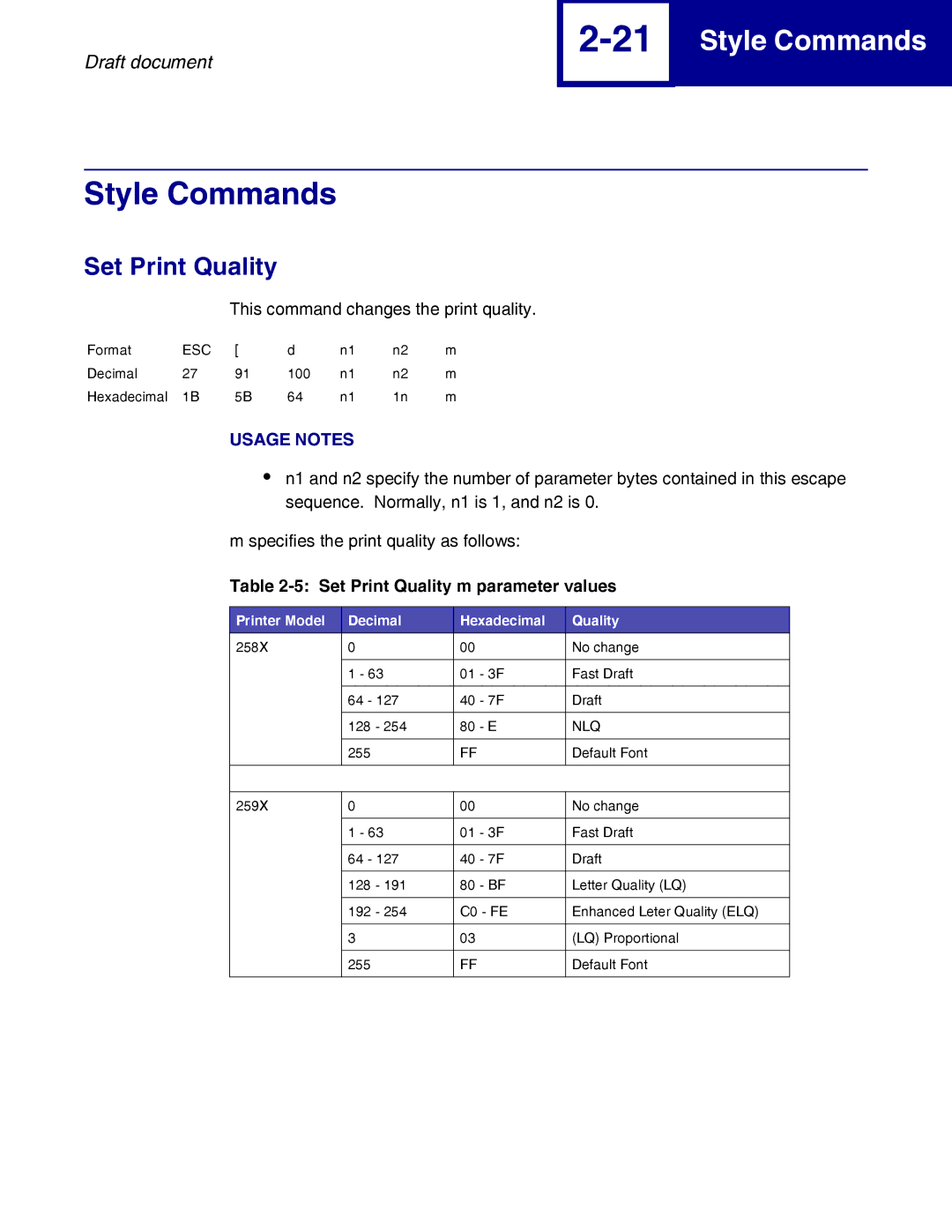 Lexmark 259x, 258x Style Commands, Set Print Quality m parameter values, Printer Model Decimal Hexadecimal Quality 