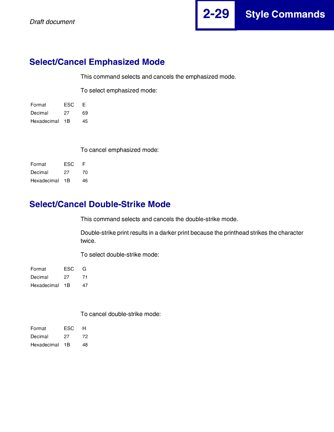 Lexmark 259x, 258x manual Select/Cancel Emphasized Mode, Select/Cancel Double-Strike Mode 