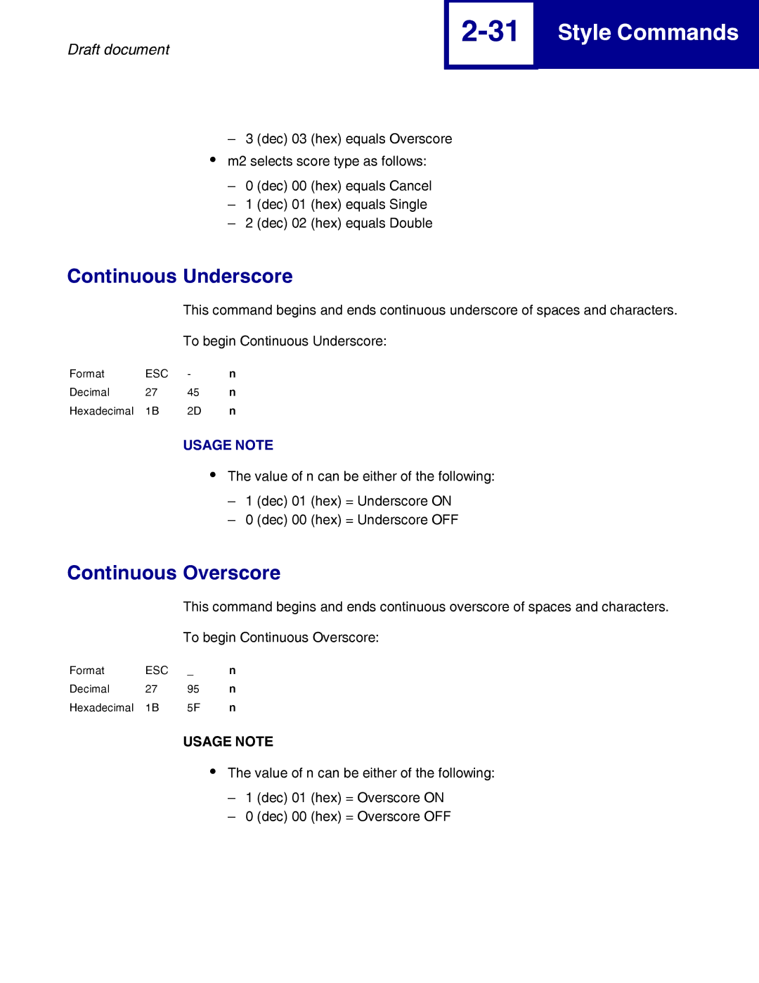 Lexmark 259x, 258x manual Continuous Underscore, Continuous Overscore 