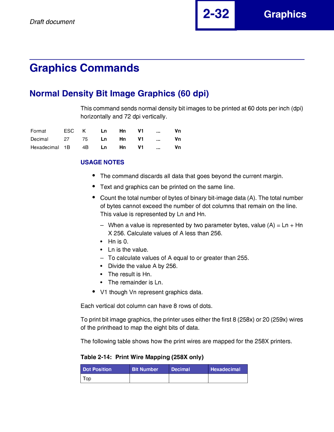 Lexmark 258x, 259x manual Graphics Commands, Normal Density Bit Image Graphics 60 dpi, Print Wire Mapping 258X only 