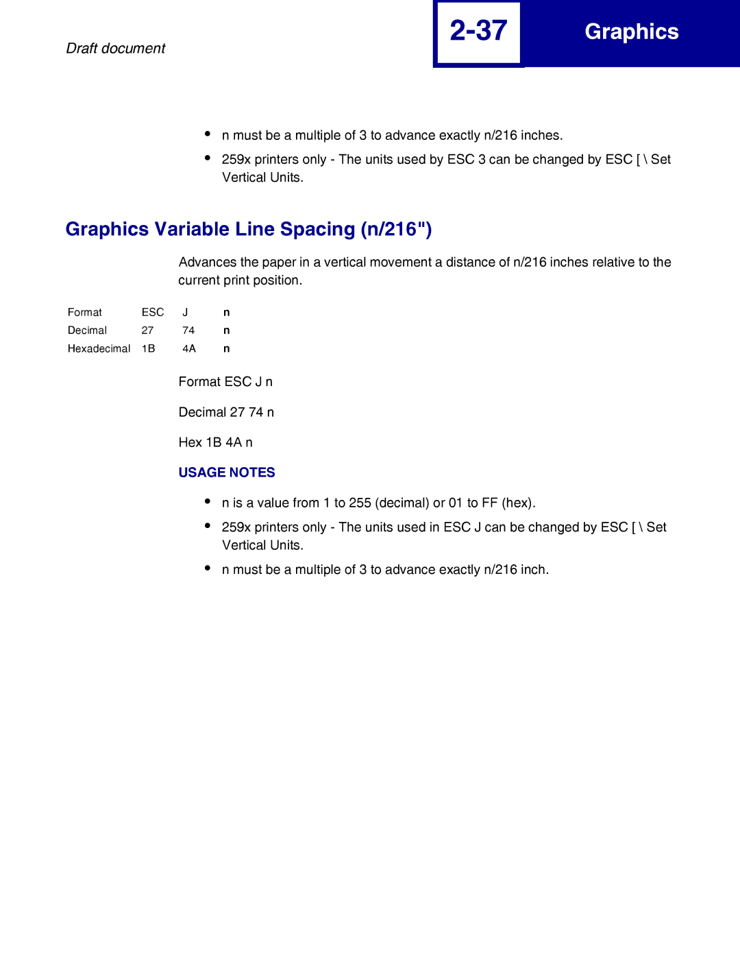 Lexmark 259x, 258x manual Graphics Variable Line Spacing n/216 