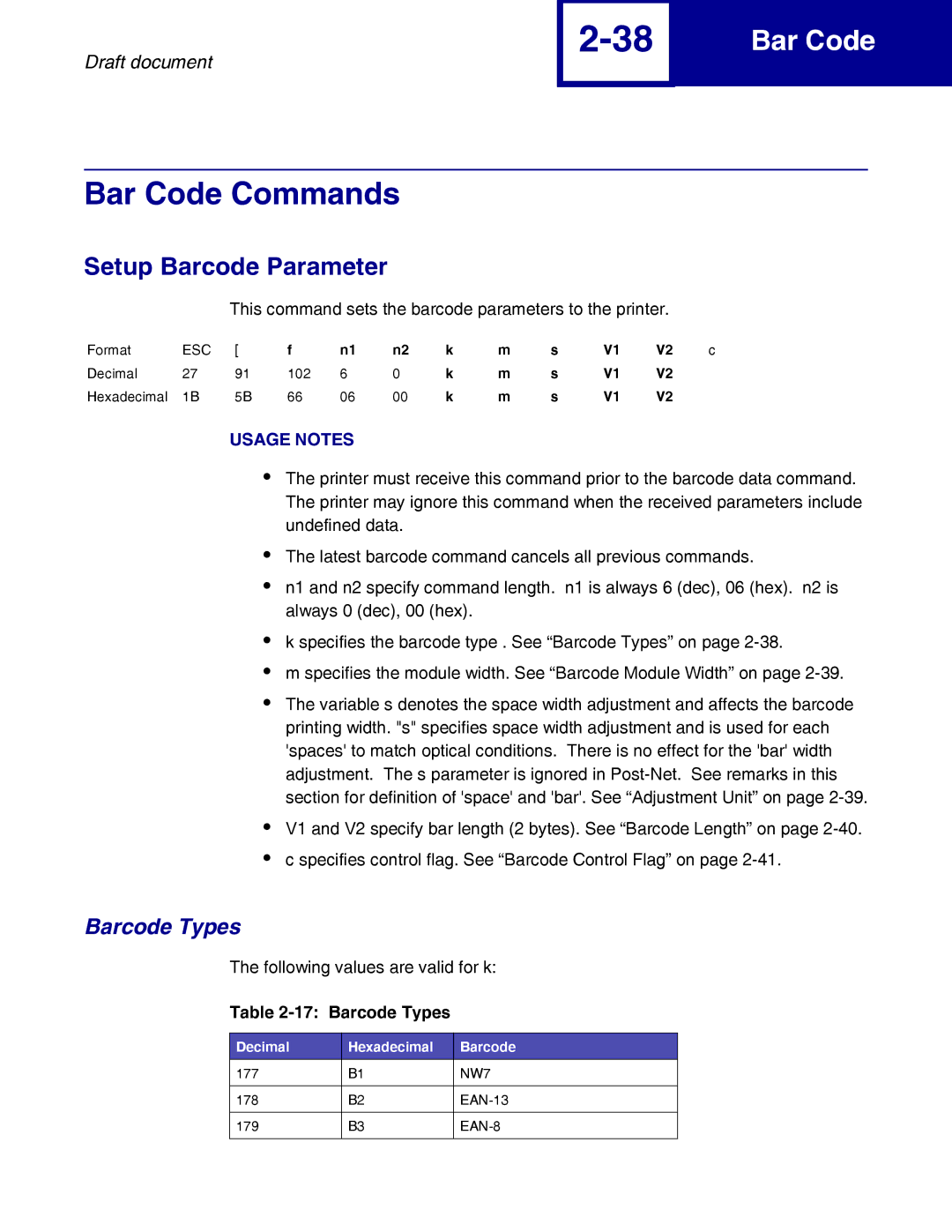 Lexmark 258x, 259x manual Bar Code Commands, Setup Barcode Parameter, Barcode Types, Decimal Hexadecimal Barcode 