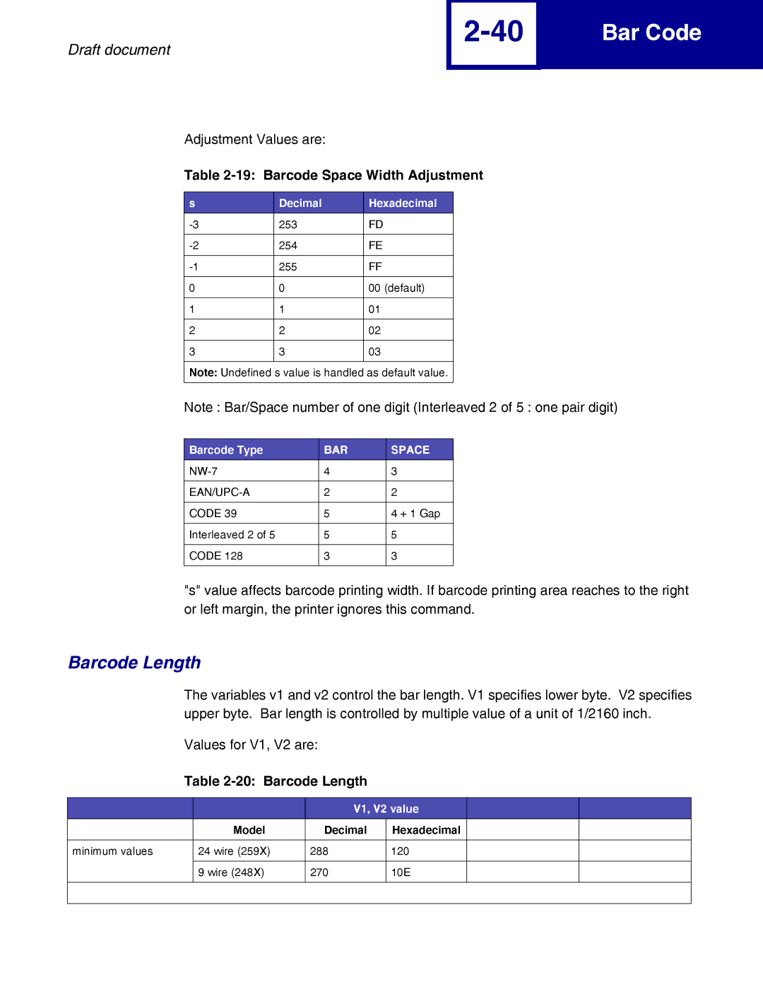 Lexmark 258x, 259x manual Barcode Space Width Adjustment, Barcode Length, Decimal Hexadecimal, Barcode Type, V1, V2 value 