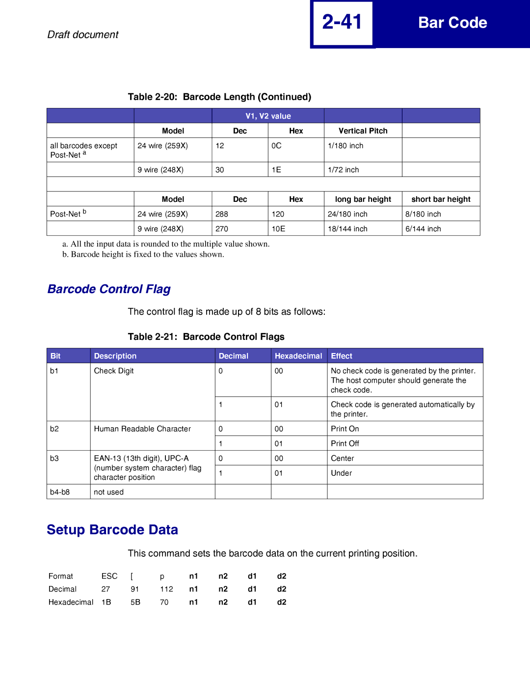 Lexmark 259x, 258x manual Setup Barcode Data, Barcode Control Flags, Bit Description Decimal Hexadecimal Effect 