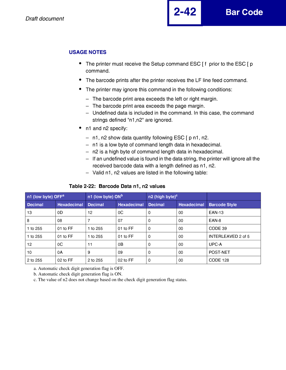 Lexmark 258x, 259x manual Barcode Data n1, n2 values 