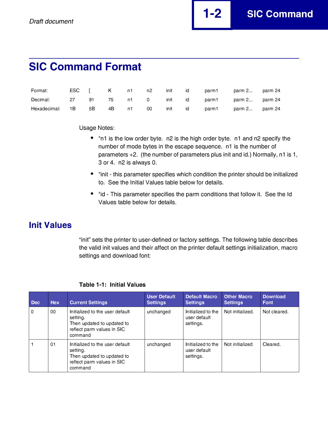 Lexmark 258x, 259x manual SIC Command Format, Init Values, Initial Values 