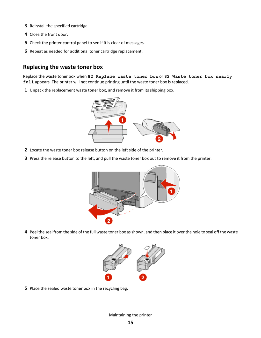 Lexmark 25A0592, 25C0044 manual Replacing the waste toner box 