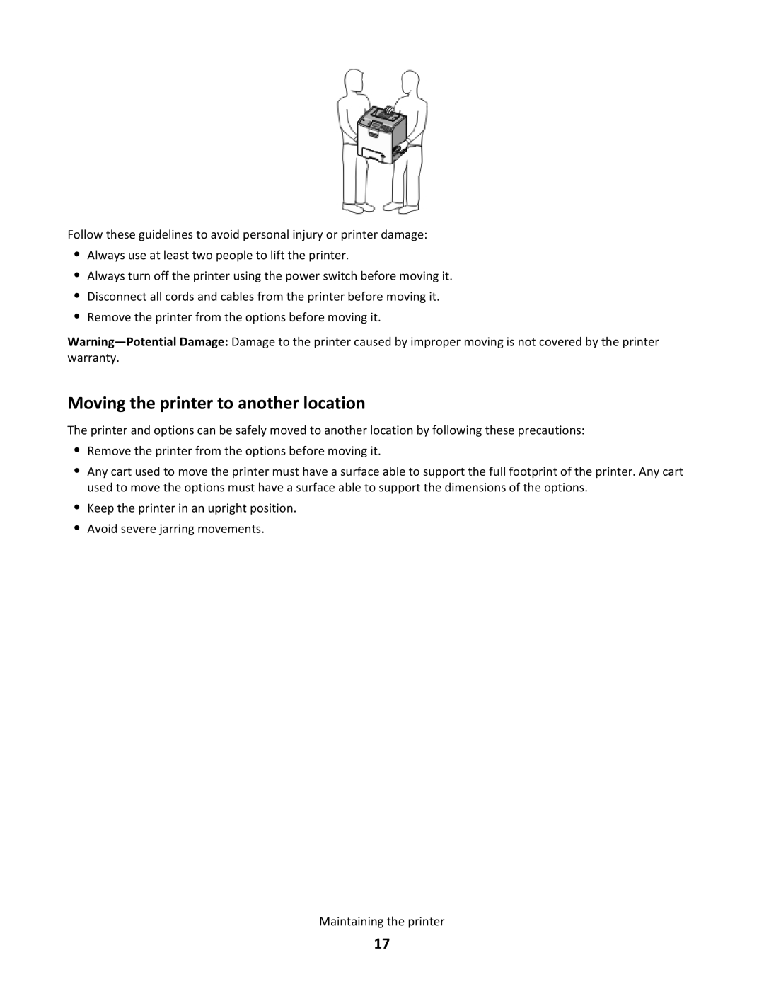 Lexmark 25A0592, 25C0044 manual Moving the printer to another location 