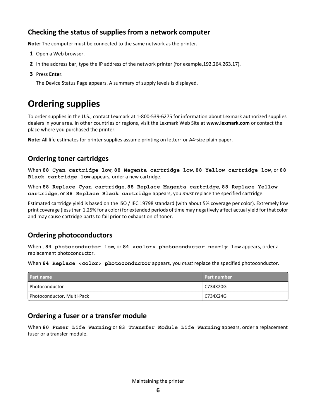 Lexmark 25C0044 Ordering supplies, Checking the status of supplies from a network computer, Ordering toner cartridges 