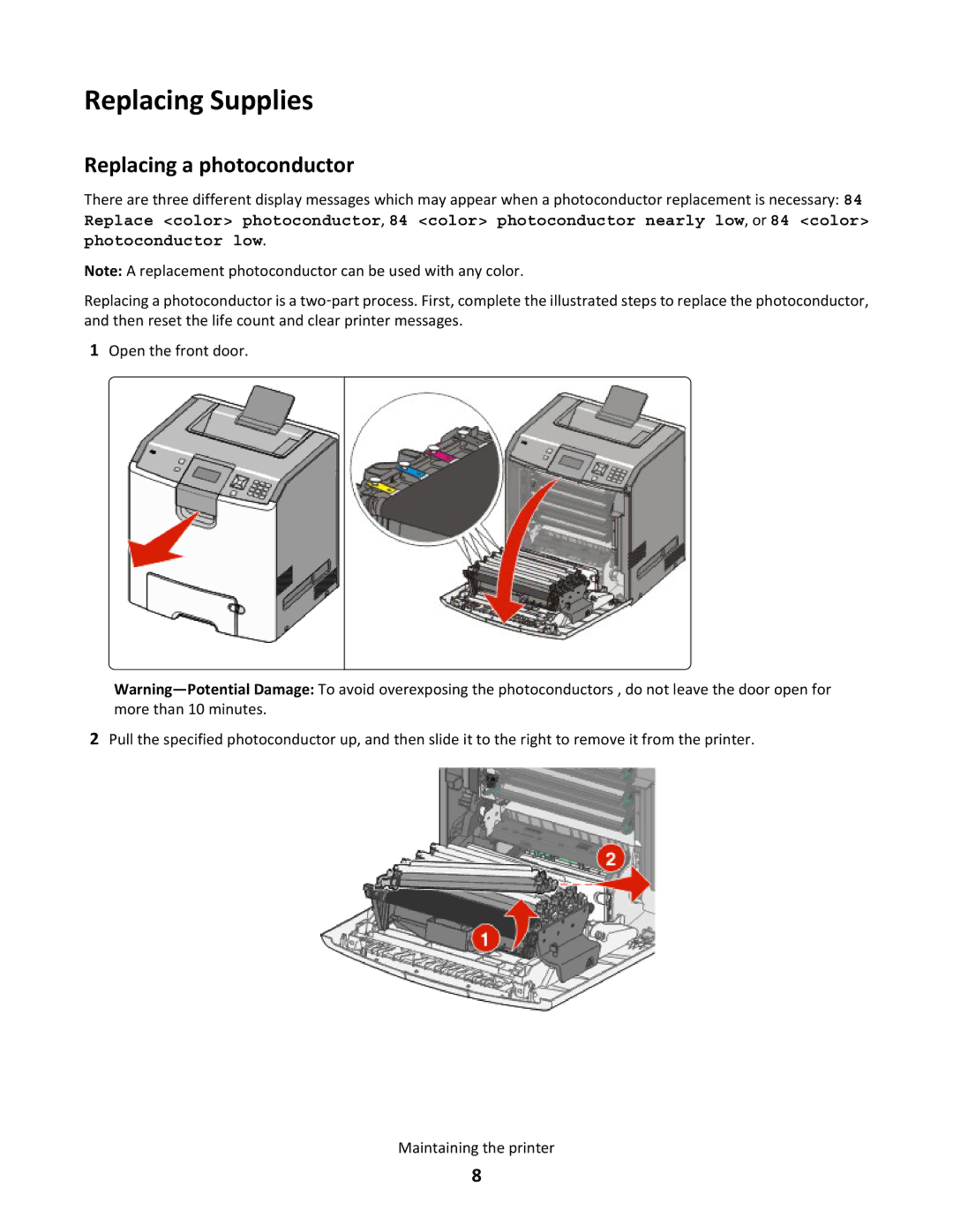 Lexmark 25C0044, 25A0592 manual Replacing Supplies, Replacing a photoconductor 