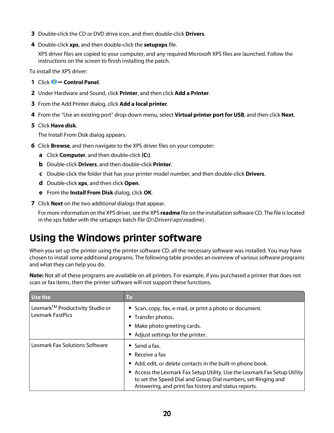 Lexmark 2600 manual Using the Windows printer software, Click Œ Control Panel, Click Have disk 