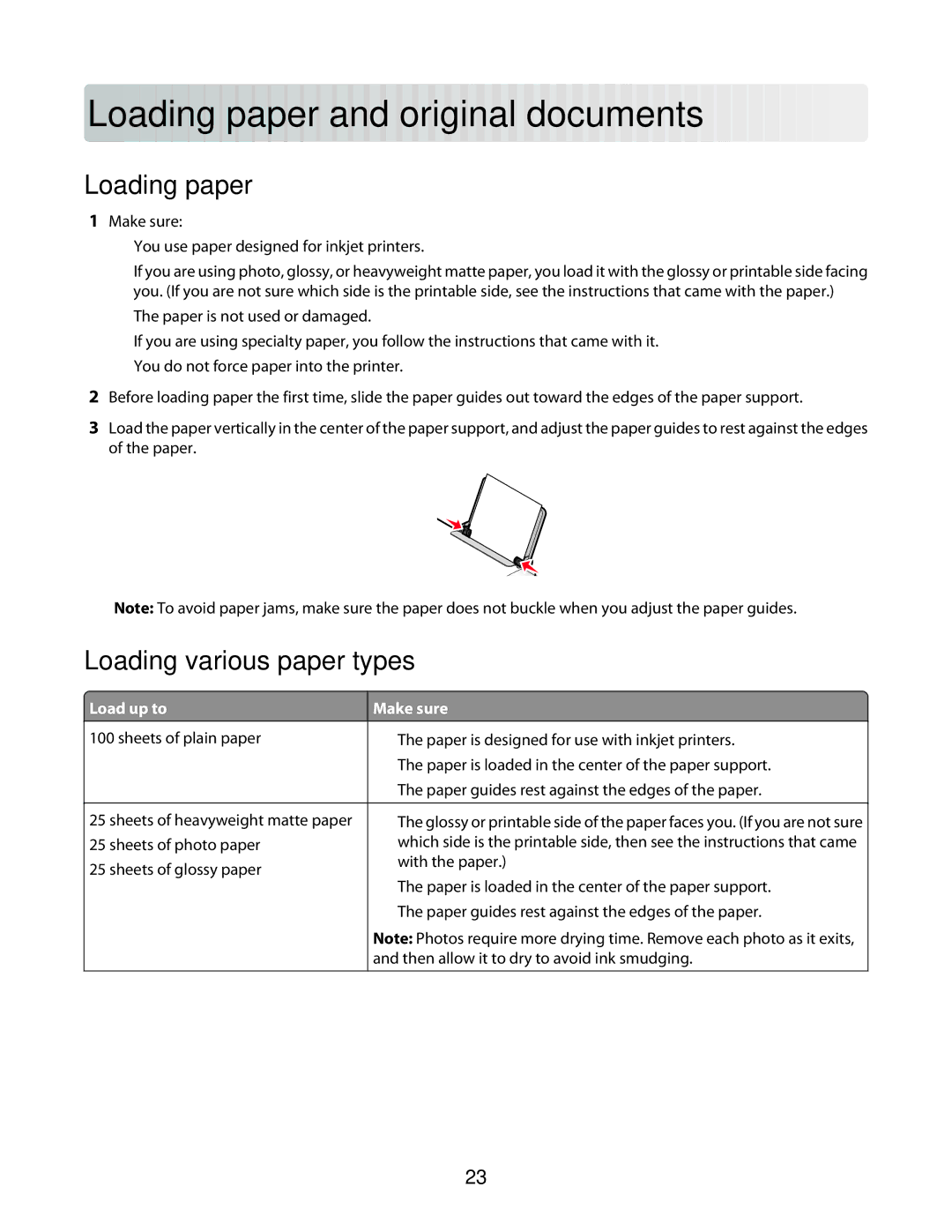 Lexmark 2600 manual Load in g pape r a nd ori ginal do cu m en ts, Loading paper, Loading various paper types, Load up to 