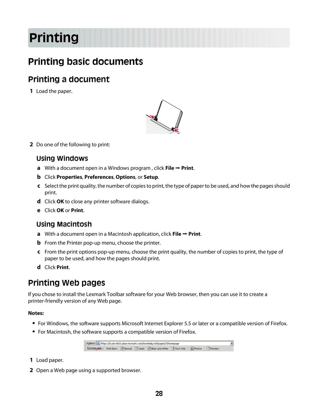 Lexmark 2600 manual Prin ting, Printing basic documents, Printing a document, Printing Web pages 