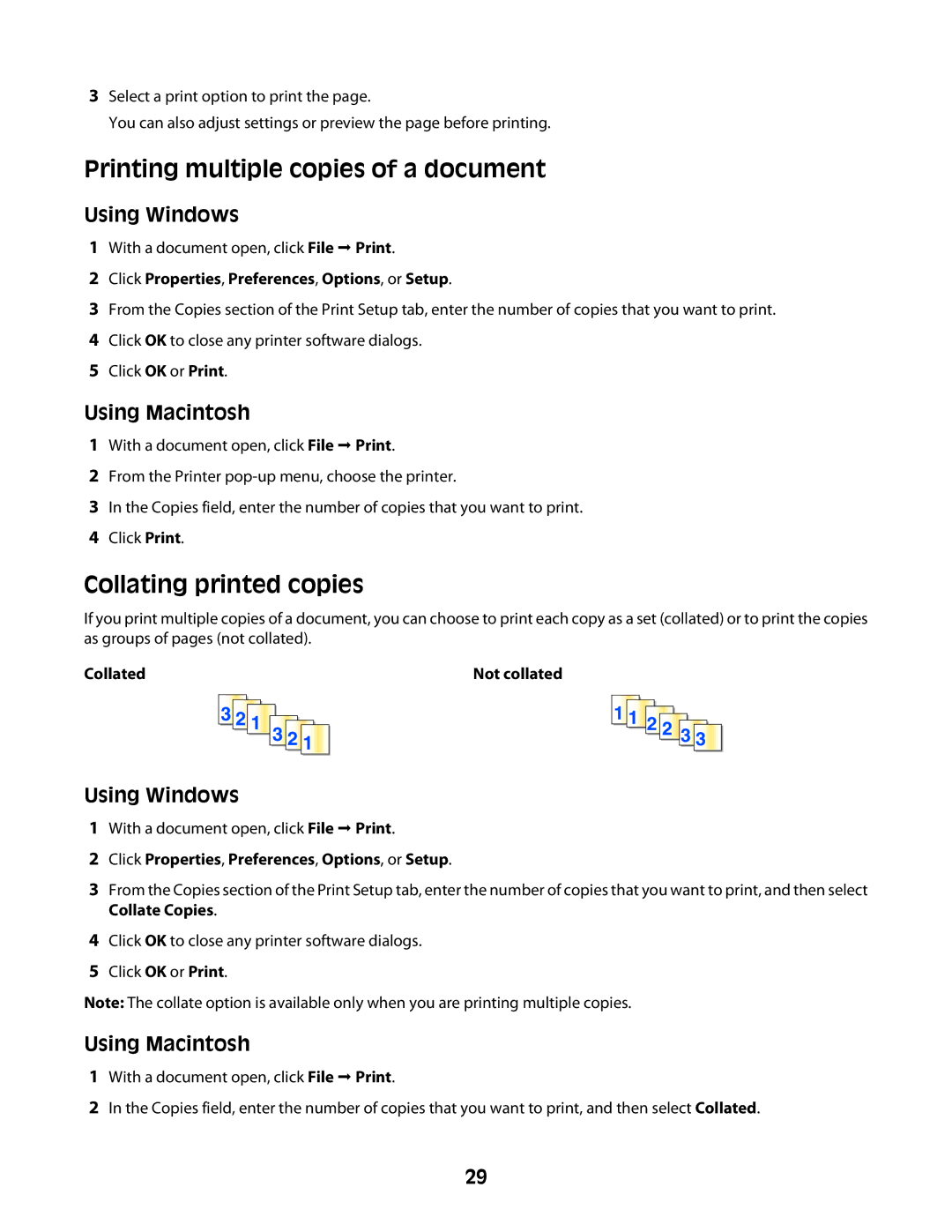 Lexmark 2600 manual Printing multiple copies of a document, Collating printed copies, Collated 