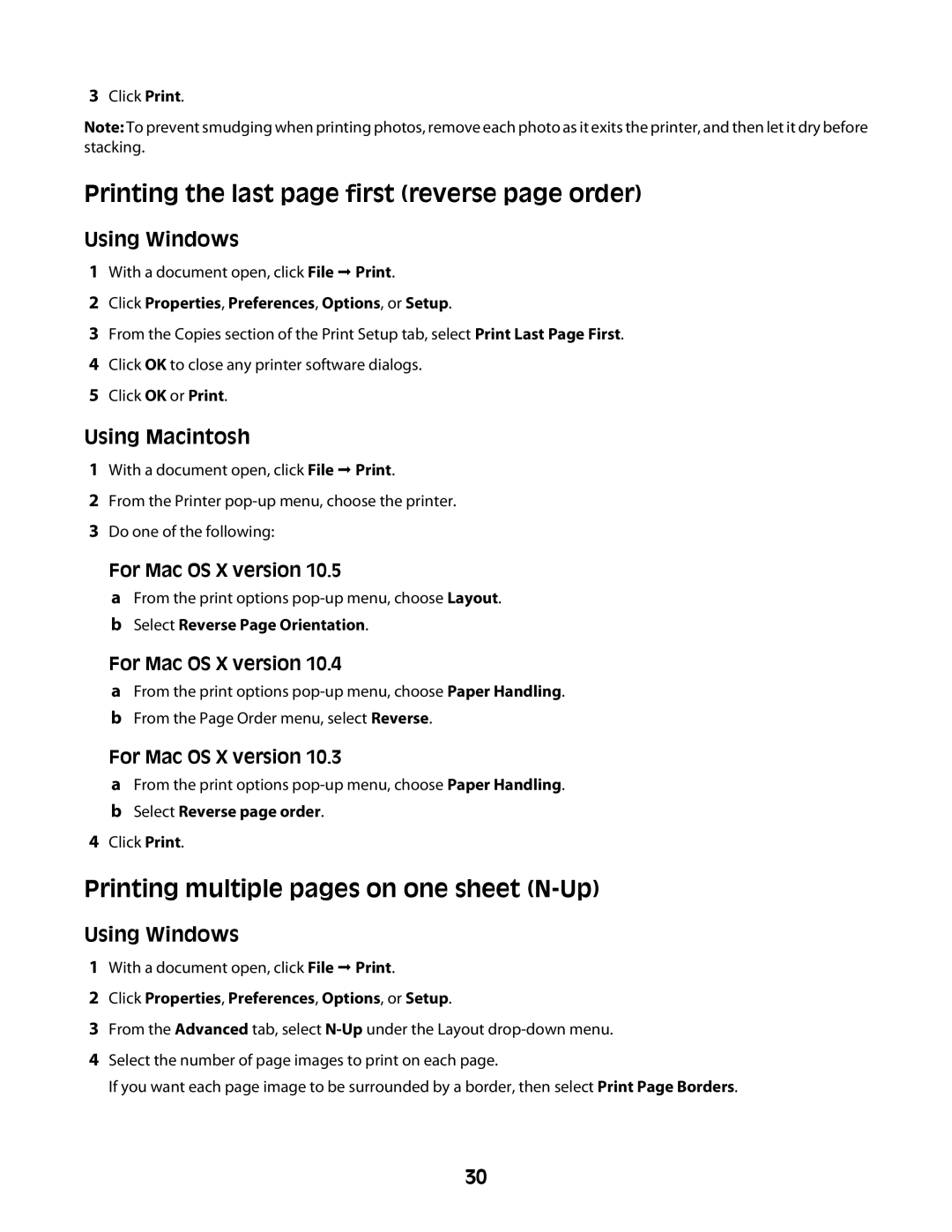 Lexmark 2600 manual Printing the last page first reverse page order, Printing multiple pages on one sheet N-Up 